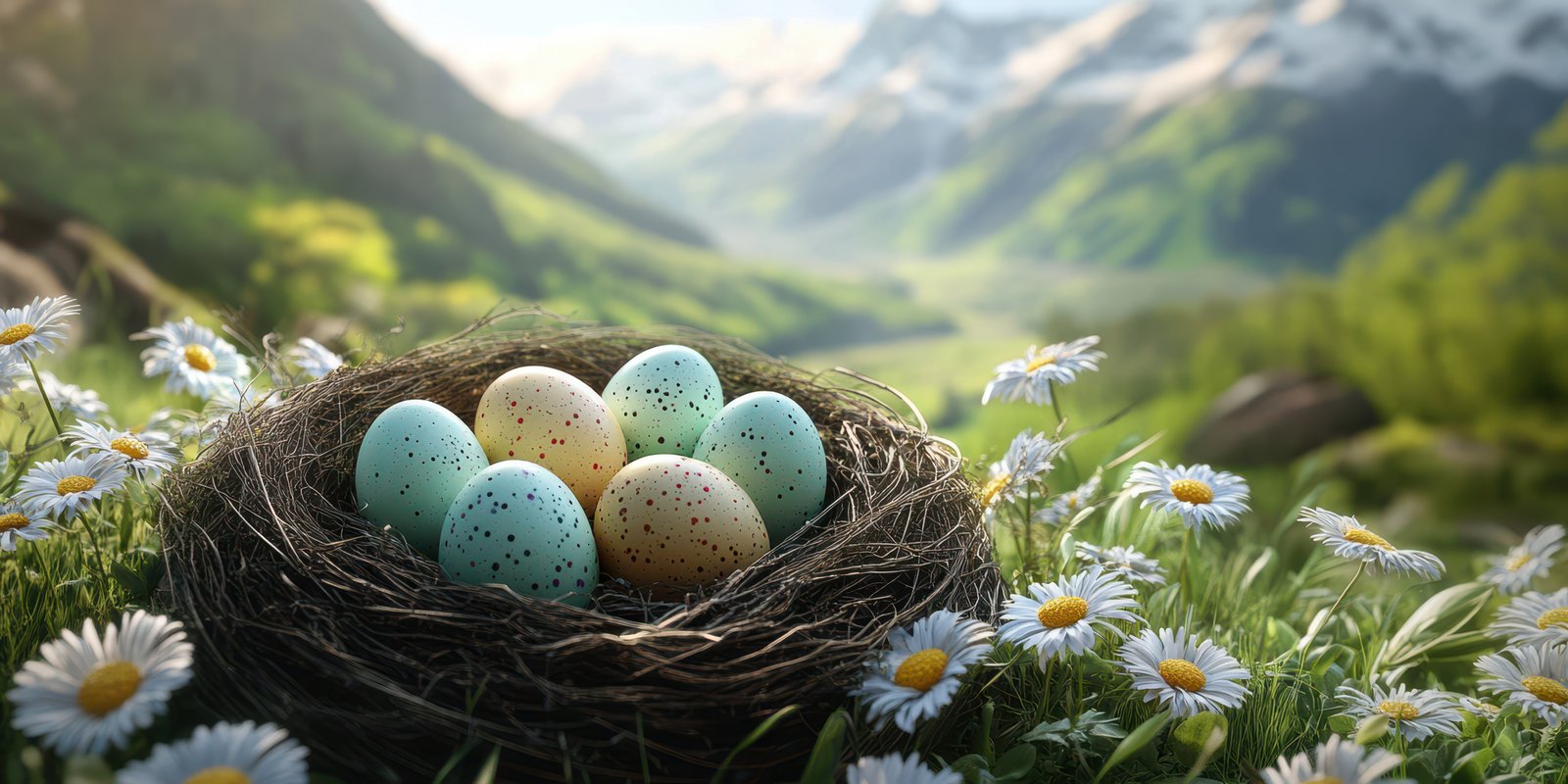 Colorful eggs nestled in a natural bird's nest surrounded by wildflowers in a serene mountain landscape at sunrise
